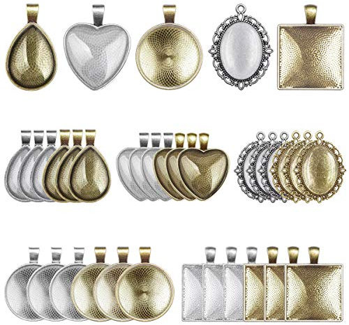 Anezus 60Pcs Pendant Trays, Bezel Pendant Trays Blanks with Glass Cabochons for Pendants Making and Jewelry Making, 5 Styles