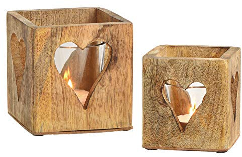 Spetebo Lot de 2 photophores en bois de manguier - Avec insert en verre/décor cœur - Bougeoir en bois