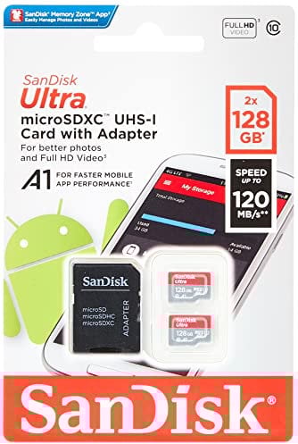 SanDisk 128 GB Ultra microSDXC cards (2-pack) + SD adapter up to 120 MB/s with A1 App Performance UHS-I Class 10 U1 (Pack of 2)