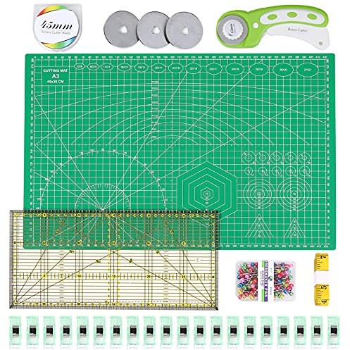 INTLMATE A3 Cutting mat Set Fabric Cutter Tool Kit Including 17inches self-Healing Cutting mat,45mm Rotary Cutter with 3 Replacement Blades,Acrylic Quilting Ruler,Patchwork Ruler,20 Clips,100 pins