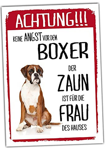 Boxer Schild Achtung Zaun Frau Spruch Türschild Hundeschild Warnschild Geschenkidee lustiger Spruch Hundemotiv Aluminium Wetterfestes Hundeschild