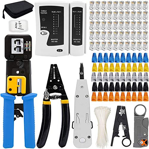 MAYLINEE CAT5/CAT6/CAT7 Crimpstecker Kabel Set, Patchkabel Wartung LAN Telefon Netzwerk Werkzeug Set, RJ45 Professionelles Crimpzange Tester Werkzeug(Dunkelblau)