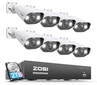 ZOSI 8CH 4K PoE CCTV Camera System with Person Vehicle Detection, 8pcs 5MP Outdoor PoE IP Cameras, Color Night Vision, 2-Way Audio, Light and Sound Siren, 8CH H.265+ 8MP NVR and 2TB Hard Drive