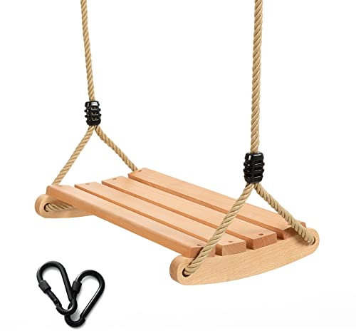 Wooden Swing Seat For Children And Adults,Garden Swing Seat With Adjustable Hemp Rope, Swing Seat For Garden Yard Indoor Outdoor Use Up To 100 Kg (Arc 40x25cm)