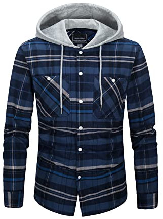 KEFITEVD Leicht Karo Jacke Herren Hoodie Kariert Langarm Arbeitshemd mit Brusttaschen Vintage Plaid Holzfällerhemd Herbst Dünnes Karojacke für Frühling Herbst Blaugrau M