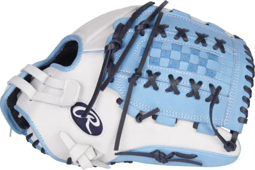 Rawlings Damen Liberty Advanced Color Series Fastpitch Softball-Handschuh, 12,5-Doppelt geschnürtes Korbnetz-Weiß/Columbia Blue/Navy, 32 cm