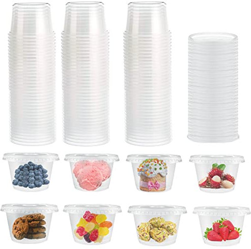 Surflyee 50 Piezas Tarros de Plastico con Tapa Pequeños, 200ML Reutilizable Recipientes Comida, Indicado para Salsas, Sopas, Condimentos, Cremas, Cuadros de Diamantes, Manualidades