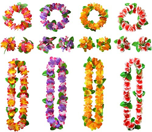 AWCIGG 16 Stück Blumenkette Set, Hawaii Kette Armband und Stirnband Set, Blumenketten mit Grünen Blättern, Hohe Dichte Hawaii Ketten, Luau Beach Tropische Themen Party Dekoration