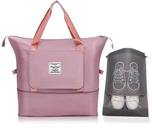 PINC® Faltbare Reisetasche, Sporttasche, Sporttasche, wasserdichte Strandtasche, große Kapazität, Seesack für Damen und Herren (Rosa) + Schuhtasche (Grau)