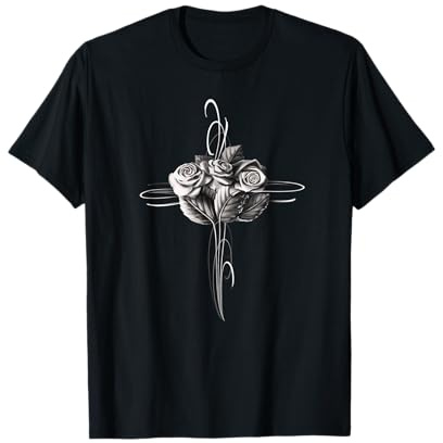 Dekoratives Kreuz mit Rosen schwarz und grau T-Shirt T-Shirt