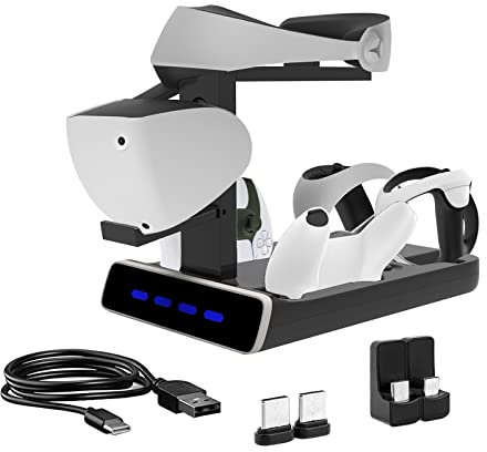 Ladestation für PS VR2, 5 in 1 Ladestation Ständer für VR2 2 Headset & Sense Controller, Ladedock Ständer mit LED Licht, Playstation VR2 Zubehör (mit Kopfhörerhalterung)