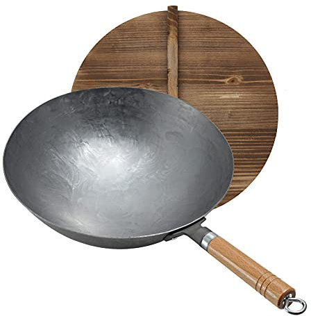 Wok aus Kohlenstoffstahl, Wok aus Kohlenstoffstahl, Wok-Gasbrenner, Abnehmbarer Griff, 1,8 mm Dicker Wok mit Deckel (runder Boden), 32 cm
