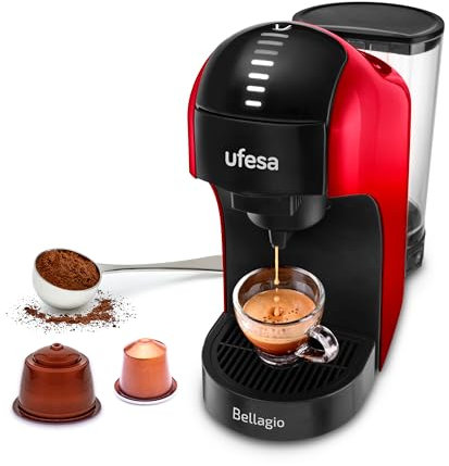 Ufesa Bellagio Red Cafetera Espresso Multicápsulas 3 en 1 para Nespresso, Dolce Gusto o Café Molido, Panel Táctil Digital con 7 Niveles, Depósito 1L, 1400W, 15 Bares, Apagado Automático