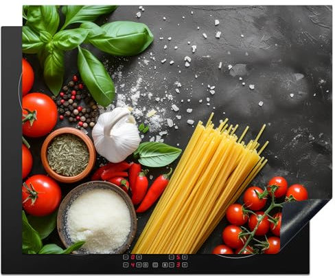 KitchenYeah© Protezione per Piano Induzione 65x52 cm Cucina Copri Fornelli Proteggi di Cottura Antiscivolo Tappetino Verdure - Pomodori - Spaghetti - Calcestruzzo - Spezie