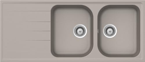 SCHOCK | Fregadero de cocina Lithos D200 2 senos con escurridor, bañera reversible, material Cristalite®, gris pardo, 1160 x 500 mm