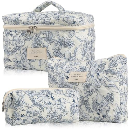 Generic Reise Kosmetiktasche, Gesteppte Kulturtasche Damen Coquette Make-up-Tasche, Groß Kapazität, Baumwolle-mit Blumenmuster (3pcs Tiefblaue Blüten)