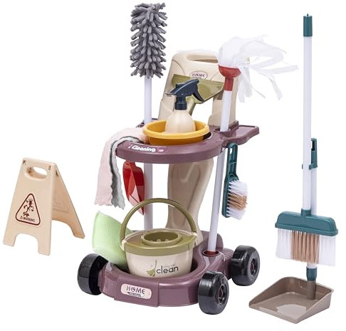 Baroni Toys Carrello per le Pulizie Giocattolo con Set 14 Pezzi, Scopa per Bambini, Sapone e Altri Accessori per Bambini, Kit Pulizia della Casa Bambino Bambina dai 3 ai 7 Anni