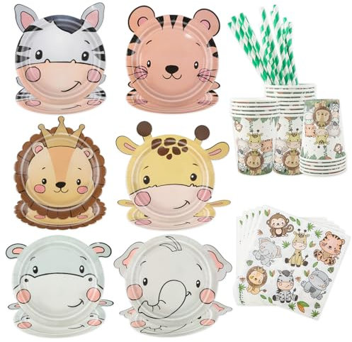 Aitsite Juego de 92 platos de fiesta de animales de dibujos animados, platos de fiesta de cumpleaños para 18 invitados, vajilla de cumpleaños de animales de dibujos animados