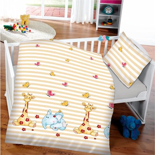 Kinder Bettwäsche 2-TLG (100x135cm / 40x60cm) Bettdecken Set, 100% Baumwolle - Babybettwäsche mit Motiv Elefant & Giraffe