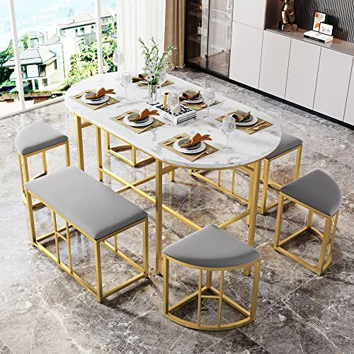 Soweiz Moderner Essgruppe(Set, mit Esstisch, 4 kleinen Hockers und 2 großen Hockers), Küchen Esstisch Set ausStahlrahmen.140x70x76cm,Belastbar 120 kg (Weißer und Gold)