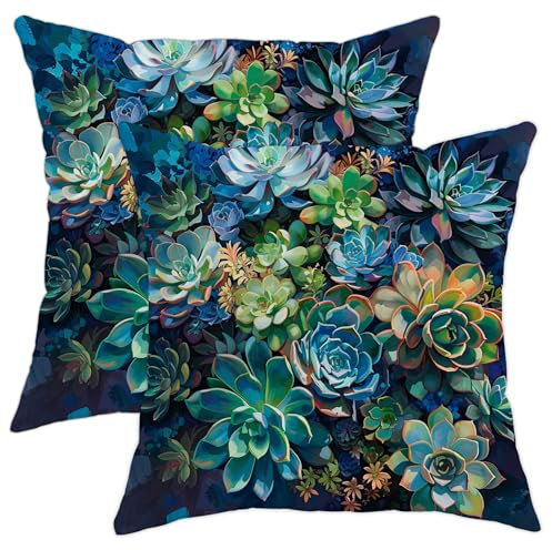 Set di 2 federe quadrate per cuscini con piante grasse botaniche, decorazione per interni, per casa, divano, letto, 45 x 45 cm