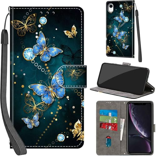 PHINIENLAND Handyhülle für iPhone XR Klapphülle Leder Wallet Schmetterling | 3 Kartenfächer & 1 Geldfach, Magnetverschluss, Ständerfunktion, robuste premium PU leder klapphülle für iPhone XR
