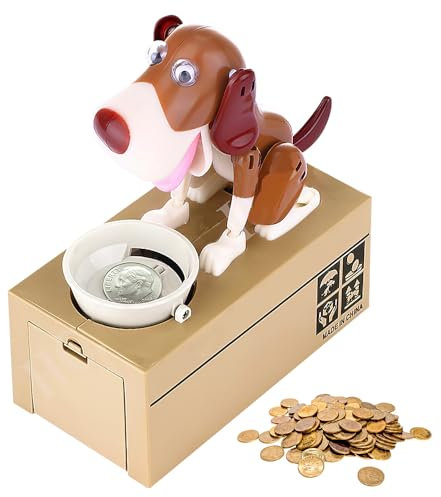 KBIBCK Hungriger Hund Spardose, Welpen-Sparschwein, Hundesparschwein, Sparschwein Kinder, Spardose Hund Frisst Geld, Hundespardose, Elektronisch, Geburtstagsgeschenk für Kinder-Braun und Weiß