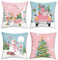 Bonhause 4er Set Kissenbezüge Weihnachten Blau Rosa 45 x 45 cm Rentier Schneemann Weihnachtsbäume Dekorative Kissenhülle Zierkissenbezüge für Sofa Zuhause Winter Dekoration