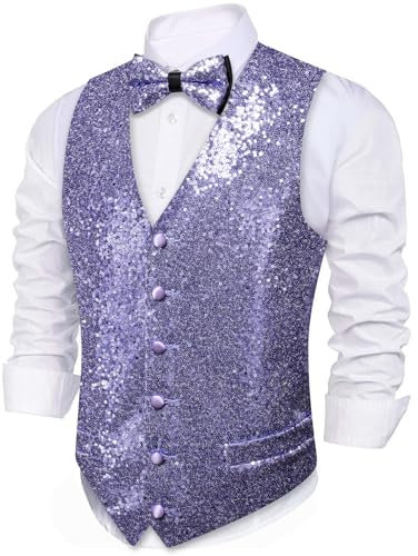 Barry.Wang Ensemble gilet à paillettes brillantes et nœud papillon pour homme, violet clair, 3XL