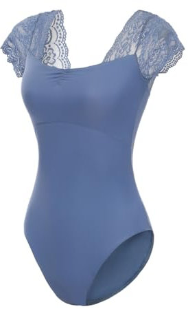 Lanbodance Kurzärmeliger Gymnastikanzug für Damen, Balletttanz, Erwachsene, Ballerina-Tanzkostüm, Dunkelblau/Spitze, M