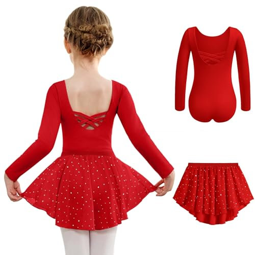 Arshiner Robe de Ballet pour Filles à Manches Longues Deux pièces sur Mesure Ballet Dos Nu Enfants Justaucorps de Ballet Robe de Danse en Coton avec Jupe en Mousseline Rouge 130 3-4 Ans