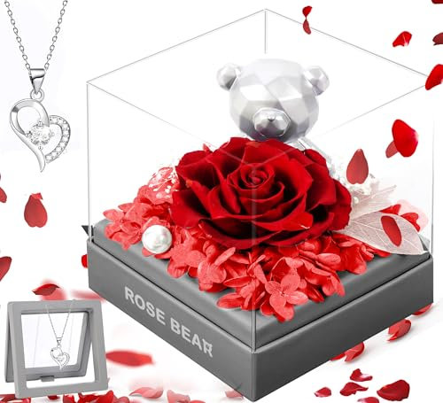 BoriYa Regalo Festa della Mamma - Rosa Stabilizzata, Rosa Eterna Regalo Mamma con Collana,Rose Stabilizzate Vera con Orso, Fiori Stabilizzati Scatola,Rosà Eterne Confezione Regali Donna per Compleanno