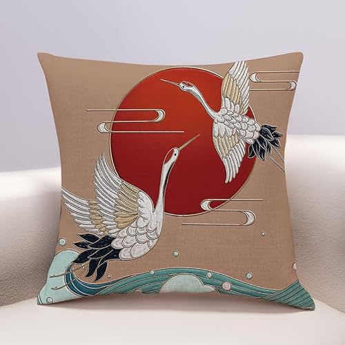 Kissenbezug 80x80 Retro Roter Kranich Kopfkissenbezug 80x80 Baumwolle Leinen Kissen Bett mit Reißverschluss Sofakissen Knitterfreie Kopfkissen 80x80 Bezug Langlebig Kopfkissenbezüge 1 Pcs