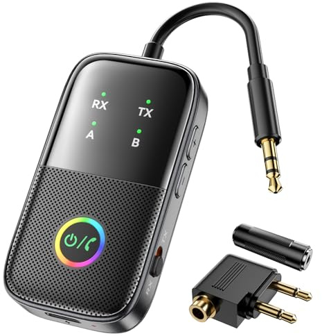 MOREGAX - A5 Pro Bluetooth Transmitter Receiver, 2 in 1 Airplane Bluetooth Adapter for Airplanes, TVs, Gyms, Supports 2 AirPods/Headphone Connection, Low Latency and HD for Car or