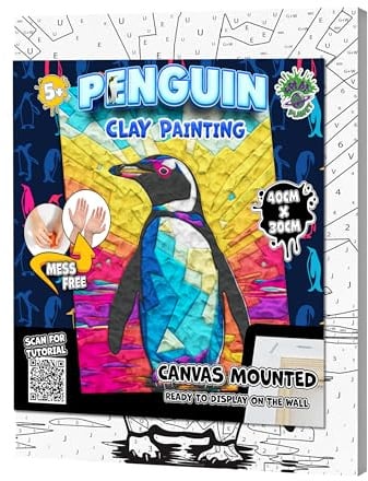 Splat Planet Kleckerfreies Pinguin-Knetset, lufttrocknendes Knetmodellierset, sensorisches 3D-Leinwand-Bastelset für Kinder, vorgerahmt 40 x 30 cm