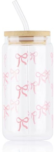 Yukaiwn Bow Glass Cup Set, 16 oz Pink Cute Tumbler with Glass Straw and Wood Lid Elegant Transparent Cute Coffee Cups Aesthetic Gifts for Women Girls Friends (Pink Bow)