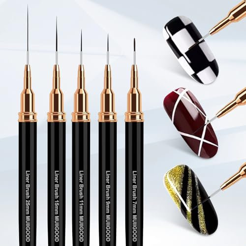 Pinceau Ongle Gel, 5 Pièces Pinceaux Ongles Nail Art Accessoire Outils Manucure Uv Construction Professionnel, Outil à Tracer Des Lignes Longues, Tailles 4/8/12/20/25 mm (Noir)