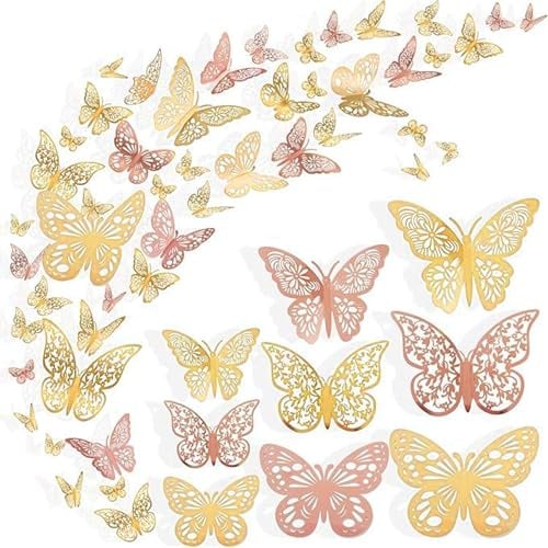 HTTDSLF 72 Piezas 3D Mariposa Decoración, Para Calcomanías de Pared, Mariposa Dorada y Rosa, Pegatinas Pared Decorativas para Casa Bricolaje Habitación Infantil Dormitorio Fiesta Boda