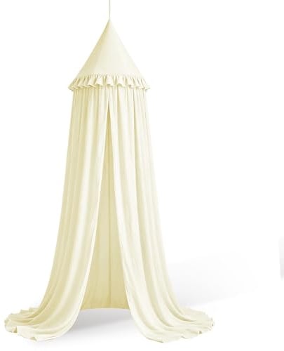 HOTUT Baldacchino per Letto Bambini con Volant,Tenda Sospesa per Culla,Tenda Zanzariera Cupola Rotonda Baldacchino per Decorazione Lettino Culla Bambini Cameretta Camera da Letto Lettura(Beige)
