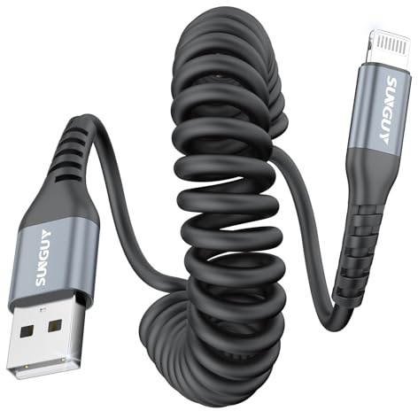 SUNGUY Spiralkabel USB A auf Lightning, iPhone Ladekabel für CarPlay & Rücksitz-Laden, Aufrollbares Lightning Kabel für Mittelkonsole, Reisen & Alltag, 2Stück 1.2m (dehnbar 0.3m-0.8m),Grau