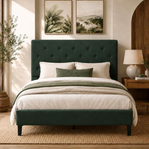 HOMBCK Polsterbett 140x200cm, Bett 140x200cm mit Lattenrost, Grün | Höhenverstellbares Kopfteil Jugendbett, Leinen Bettgestell, Ohne Matratze, Einfache Montage