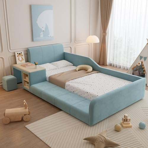 ZKLOEP Polsterbett 90x200cm,Einzelbett mit Kinderschreibtisch und Hocker, Mit Ablageboden, Weiches Kopfteil, Kinderbett mit Holzlatten, Samt, Blau