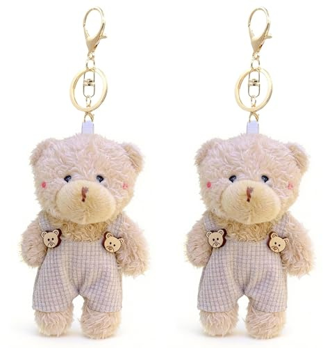 CHUANFU 2 Pièces Porte Clef Peluche Ours, Peluche Accessoire de Pendentif avec Porte-Clés, Charme de Sac Animal Mignon Keychain, pour Sac à Dos, Jouet (Marron B)