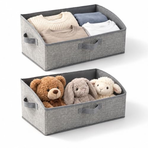 URMONA Aufbewahrungsboxen 2er Set aus Stoff, je 28 L faltbar, 50×28,5×20 cm | Ordnungsboxen mit Griffen, Kleideraufbewahrung für Kleiderschrank, Spielzeugkorb für Kinderzimmer und Wohnzimmer, Farbe Grau