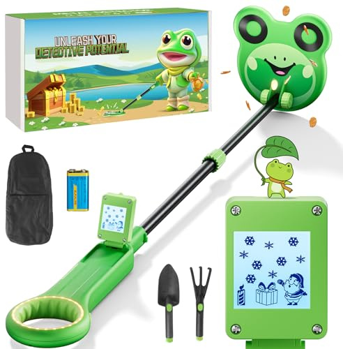 Aidisy Metalldetektor für Kinder, Metalldetektor Wasserdicht mit LCD-Display, Golddetektor mit Schaufel und Rechen für Strand Schatzsuche & Outdoor Erkundung (Grün)
