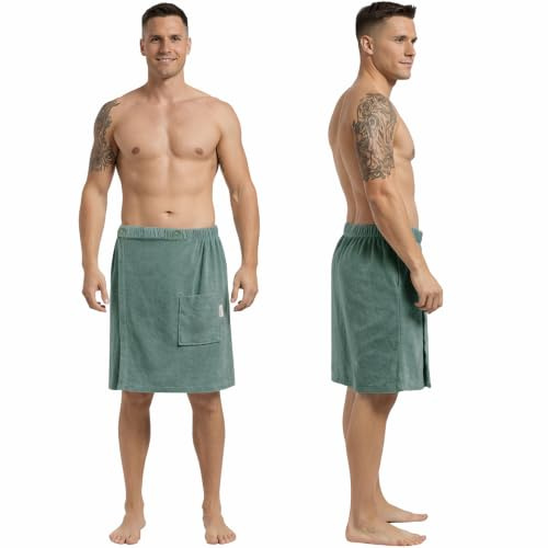 CalmySPA Leicht Frottee Saunakilt Herren - Saunahandtuch Baumwolle mit Gummizug und Knopf Saunatuch Mann Sauna Handtuch Kilt Männer Rock (Jade)