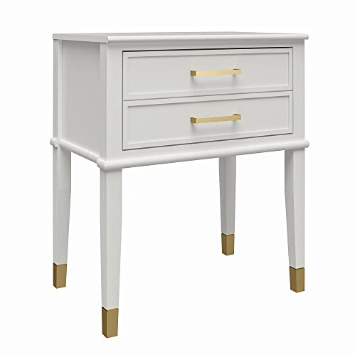 Westerleigh Beistelltisch Weiß, 60 x 40 x 72 cm, Nachttisch mit 2 Schubladen, MDF Side Table mit Vintage-Goldgriffen, moderner Akzenttisch für Wohnzimmer, Schlafzimmer und Home Office