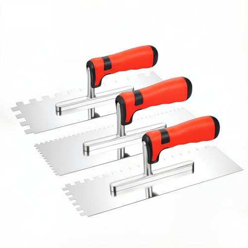 3 Pcs Notched Tiling Trowel Set, Stainless Steel Square Trowels for Flooring and Wall Tiles, Ergonomic Handle, Multi-Purpose Grout Spreader for Tilers, Professional Masonry Hand Tool Kit