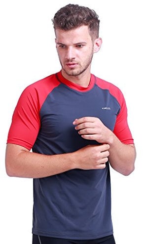 H.MILES Men's Rash Vest Short Sleeve Male Adults Rashguard Swim Base Layer Snorkeling Swimming Surfing Tops Diving Beach T-shirt Asphalt/Fuchsia M