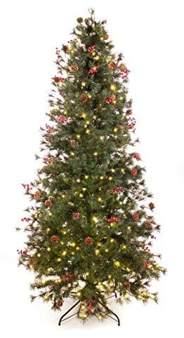 Best Artificial 7.5ft / 225cm Pre Lit Norwegian Pine Decorated Christmas Tree with Red Berries & Pine Cones